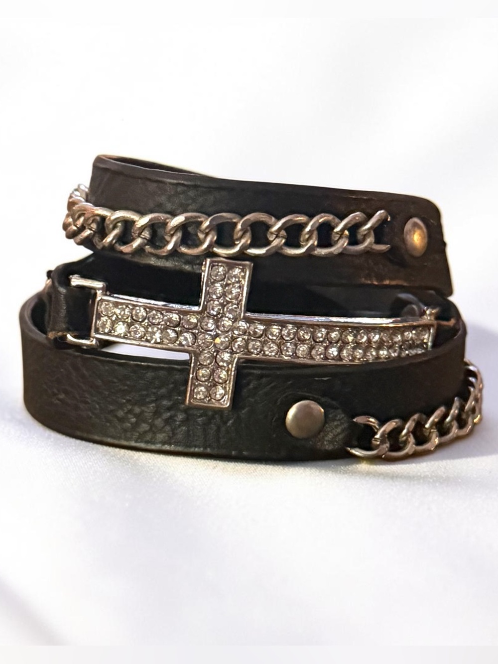 Pave cross and chains black leather wrap bracelet